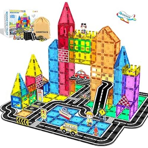 Magnetic Tiles Road Set 100Pcs- Magnetic Building Blocks for Kids Ages 3-5 and 4-8, Preschool STEM Sensory Toys for Kids 3-5, Educational Construction Gift for Boys & Girls Birthday Christmas
