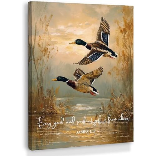 XINCEYWJ Vintage Mallard Duck Wall Art Decor, Christian Nursery Flying Duck Canvas Art Prints Framed, Rustic Farmhouse Bible Verse Pictures Wall Decor for Home Bedroom Living Room, 11x14 Inches