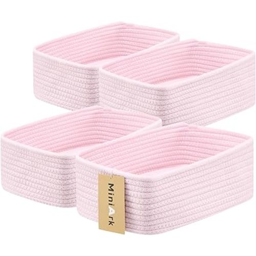 Small Storage Baskets for Organizing | Closet Organizer Bins | Shelf Toy Basket | Woven Rope Baskets | Cube Decorative Box | Shallow Basket | 11.5x7.5x4.7” | 4 Packs Light Pink