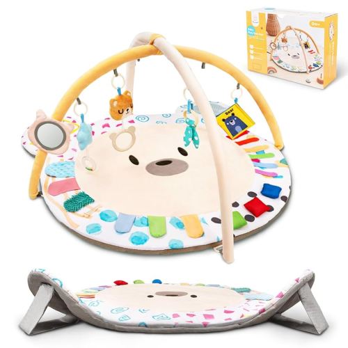 Baby Play Gym, Thickened and Non Slip Activity Mat, 5 Developmental Zones Tummy Time Mat with 5 Detachable Sensory Toys for Motor Skills, Baby Essentials Shower Gift Box(Bear)