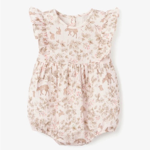 Woodland Print Organic Muslin Bubble Baby Romper – Elegant Baby