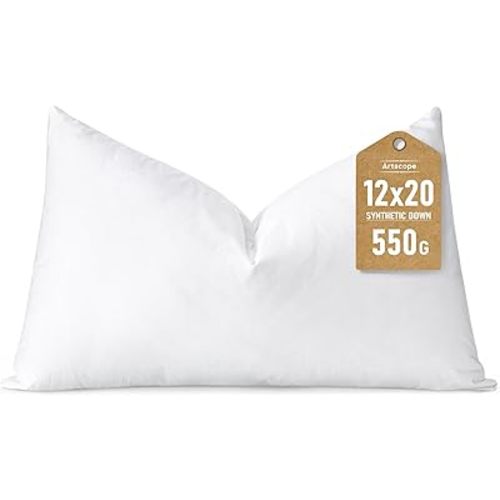 Artscope Synthetic Down Lumbar Pillow Insert, 12x20 Down Alternative Throw Pillow Insert. Ultra Soft Fluffy Sleeping Pillow with 100% Cotton Cover, Decorative Pillows-White.