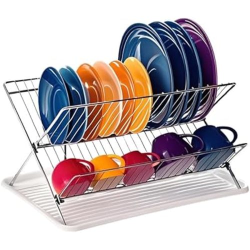 Foldable Dish Drainer, 2-Tier Stainless Steel Dish Drying Rack With Drip Tray and 5 Silicone Buckles, 13.3×10.6"Foldable Dish Drainer for Kitchen Sink, Countertop, Cutlery, Plates, and Dishes (White)