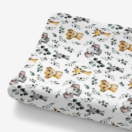 HawSkgFub African Safari Jungle Animals Eucalyptus Leaf Changing Pad Cover Baby Girls Boys, Giraffe Elephant Lion Zebra Diaper Change Table Sheet, Stretchy Safe Snug Fitted Changing Mat 32"/34" x 16"