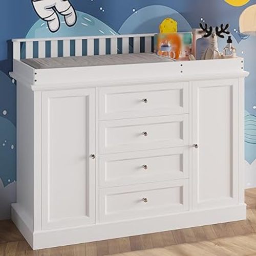 Timechee 47.2“ Baby Dresser with Changing Table Top, White Nursery Dresser with 4 Storage Drawers and 2 Doors, Multi-Functional Baby Changing Table, Modern Diaper Station Dressers for Nursery, Bedroom