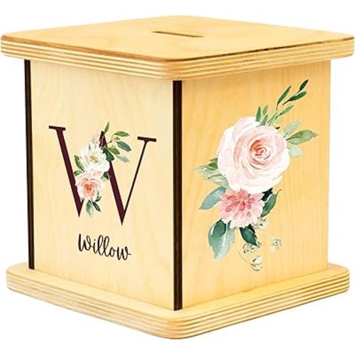 Wooden Piggy Bank for Kids and Adults, Personalized Gift Handmade in USA by BloomOwl, Custom Piggy Bank, Personalized Banks for Kids, Gifts for Baby Boys and Girls (Floral Initial)