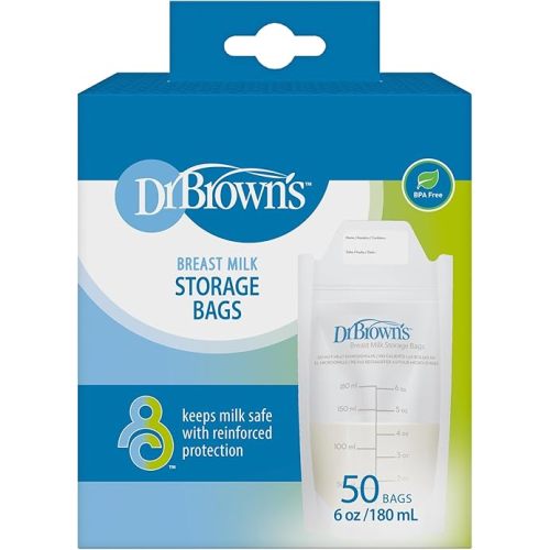 Dr. Brown’s Breast Milk Storage Bags, Disposable and Durable Bags for Freezing & Heating Breast Milk, (50ct) 6 oz Bags, BPA free