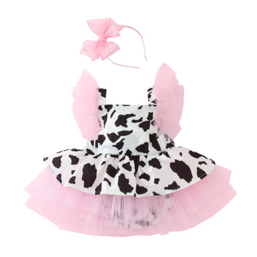 Sopiago Baby Girl Summer Clothes Pink Cow Print Ruffle Tutu Romper Baby Girl Dress Princess Birthday Western Cowgirl Outfit Pink,6-12 Months