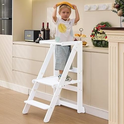 Foldable Toddler Learning Standing Tower, WOOD CITY Montessori Kitchen Step Stool Helper with 3 Adjustable Heights Learning Kitchen Tower (White)