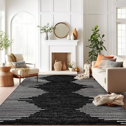 Rugshop Bohemian Stripe Stain Resistant Large Area Rug Black 7'10" x 10'
