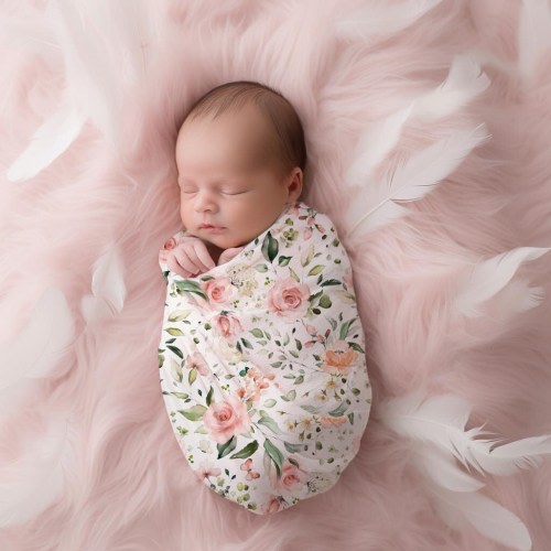 Baby Girl Soft Pink Roses Swaddle Set, Matching Flower Knotted Beanie / Bow Hat / Headband, Newborn Floral Shower Gift, First Photo Outfit