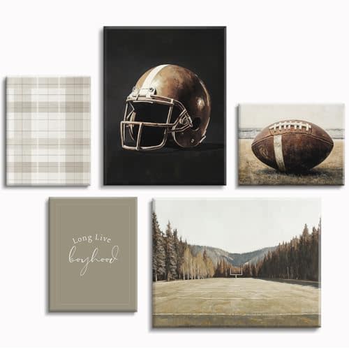 Football Nursery Wall Art Vintage Sports Canvas Wall Decor Boys Room Poster Rugby Football Sport Prints Sage Green Nursery Pictures Vintage Artwork for Boys Bedroom 12x16 Inch Wrapped Canvas Set of 5