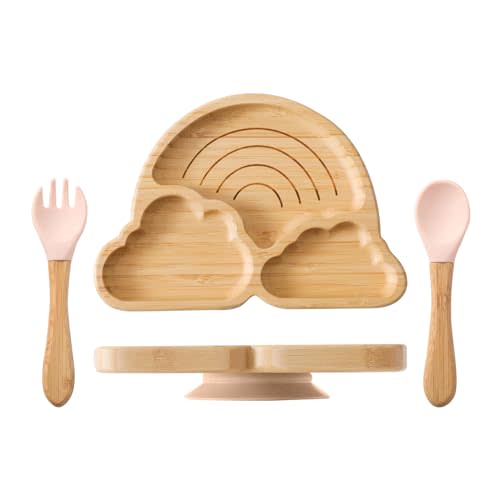 Bamboo Suction Plate for Baby Kid Toddler Plate Spoon Fork Set with Removable Silicone Suction All-Natural Baby Feeding Set for Baby-Led Weaning Fits Feeding High Chair Table