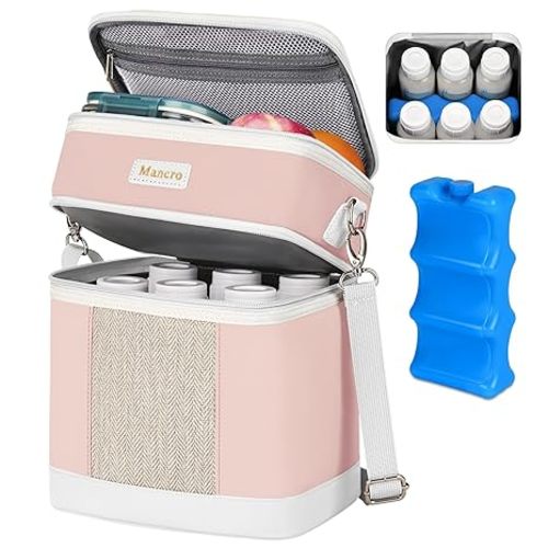 Mancro Breastmilk Cooler Bag with Ice Pack, Double Layer Insulated Baby Bottles Bag Fits 6 Bottles Up to 9 Ounces, Portable Breast Pump Cooler Travel Bag for Daycare and Nursing Moms, Beige