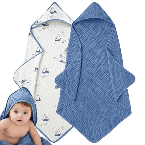 LILY O LAUREL Muslin Hooded Baby Towels for Newborns, 32"x32", 100% Cotton – 6 Layers Super Soft Absorbent Breathable, Baby Bath Towel, Toddler Bath Towel – Pack of 2