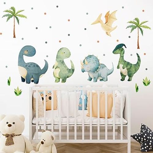 Large Dinosaurs Wall Decals, Dino Animal Tropical Palm Tree Home Decorations, Self Adhesive Dinosaurs Wall Art Sticker for Baby Nursery Kids Room Home Decor (Green Boho Dinosaurs Dot Decals)