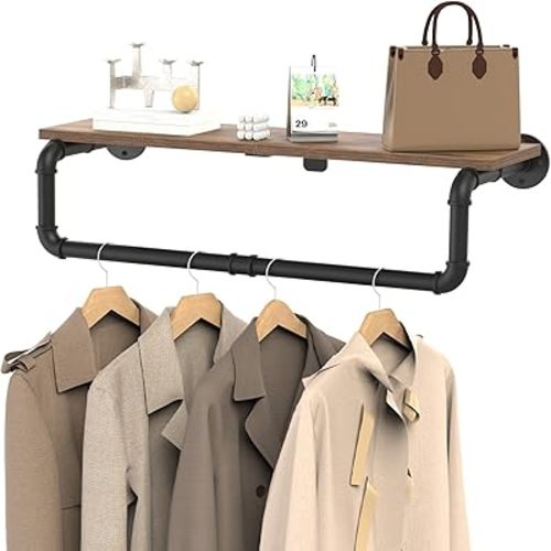 Industrial Pipe Clothing Rack with Top Shelf, Closet Poles for Hanging Clothes, Heavy Duty Iron Garment Racks Wall Mounted, 27.6x10.2x5.9 Inch, Black