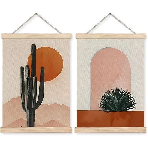 Yomisex Boho Western Cactus Desert Sun Wall Art Poster, Western Boho Home Decor, Mid Century Southwestern Nature Landscape Wall Art Framed for Home Bedroom Living Room Decor, 12x16 Inch Set of 2