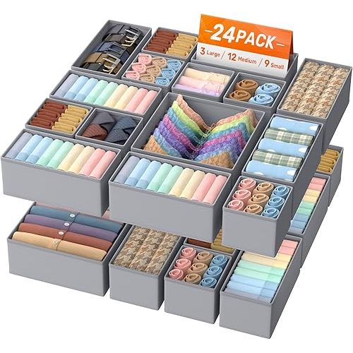 Drawer Organizer Clothes, 24 Pack Drawer Organizers and Underwear Organizer for Nursery, Dividers Clothes Organizer, Closet Organization and Foldable Storage Bins for Socks, Bra, Tie, Grey
