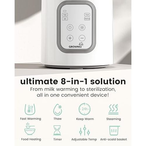Bottle Warmer, Grownsy 8-in-1 Fast Baby Bottle Warmer with Timer, Safe for Breastmilk Nutrients, Accurate Temperature Control, with Defrost, Sterili-zing, Keep Warm, Heats Baby Food & Bottles