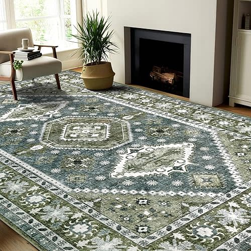 5x7 Washable Boho Area Rug,Dark Green Blue Vintage Distressed Living Room Bedroom Rug,Stain Resistant with Non Slip Rubber Back Accent Floor Carpet