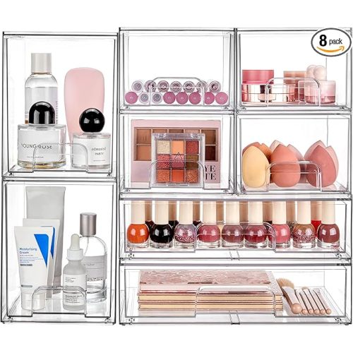 Vtopmart Stackable Storage Drawers Set of 8, Clear Plastic Organizer Bins for Bathroom Supplies,Ideal for Cabinet,Pantry,Laundry Room Organization