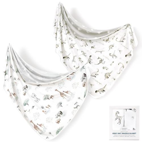 GRSSDER Baby Blankets Super Soft Stretchy Jersey Swaddle Blanket 2 Pack for Girls and Boys, Double Layer Reversible Receiving Blankets 34 x 44, Extra Large for Swaddling, Dinosaurs