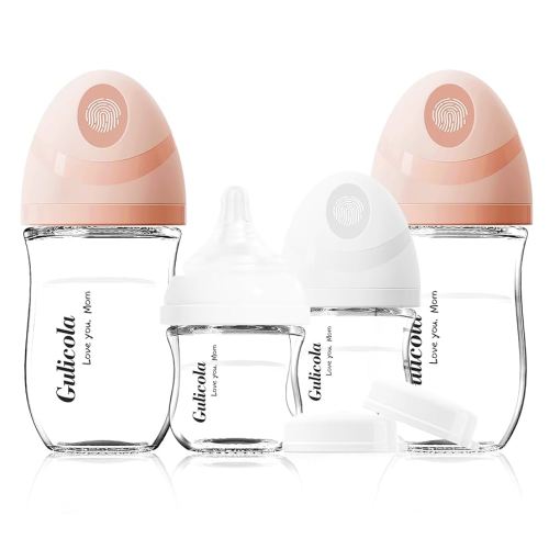 Natural Glass Baby Bottles Set 4 Pack, Newborn Girl Breastfeeding Bottles with Slow Flow Nipples, 0 Months+, 3 oz & 5 oz - Pink