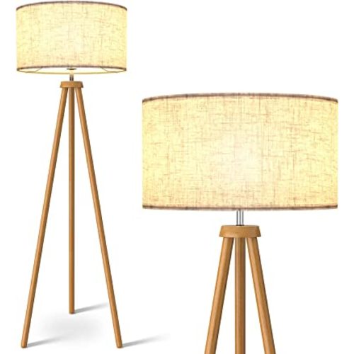 LEPOWER Wood Tripod Floor Lamp, Mid Century Standing Lamp for Living Room, Flaxen Lamp Shade, Modern Design Standing Lamp with E26 Base, Tall Floor Light for Bedroom, Study Room and Office Brown