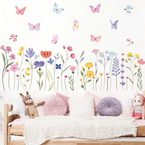 Flower Wall Decals, 8 Sheets 60 Pcs | Floral Butterfly Wall Stickers Peel and Stick Wildflower Wall Decals for Girls Bedroom Living Room Office Wall Décor