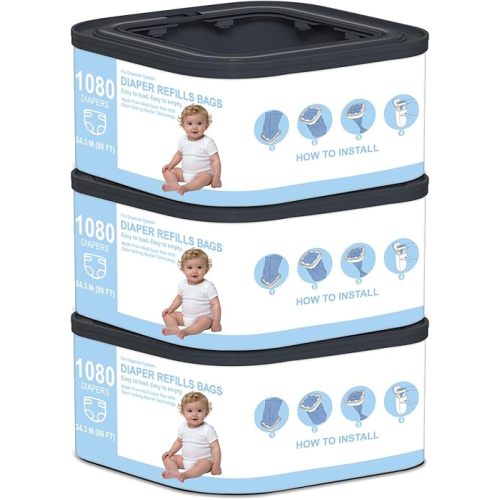 Jumbo+ Square Refills Disposal Bags Refill Compatible with Diaper Genie Compact, Classic and Select Pails, Hold Up to 1080 Newborn-Sized Diapers Per Refill, Pack of 3