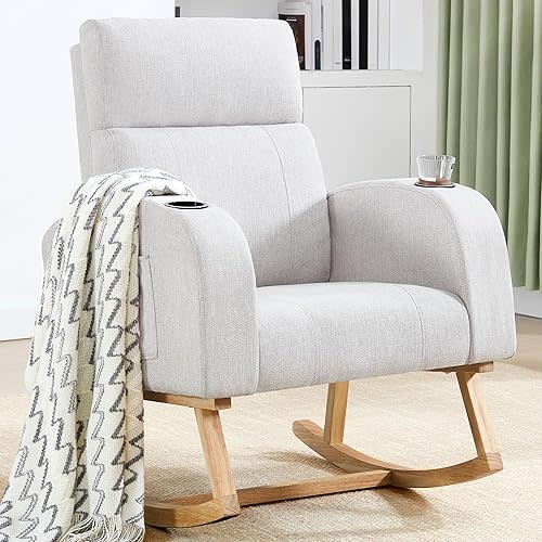 Rocking Chair Nursery, Nursing Rocking Chairs for Mom Nursery, Fabric Rocker Glider Chair with High Backrest for Living Room, Bedroom, Light Grey