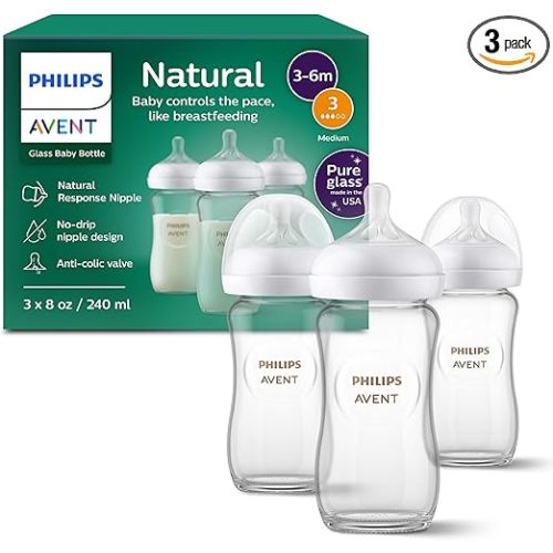 Philips Avent Natural Glass Baby Bottles with Natural Response Nipples (Medium Flow, Flow 3), 8oz, 3-pack, SCY913/03
