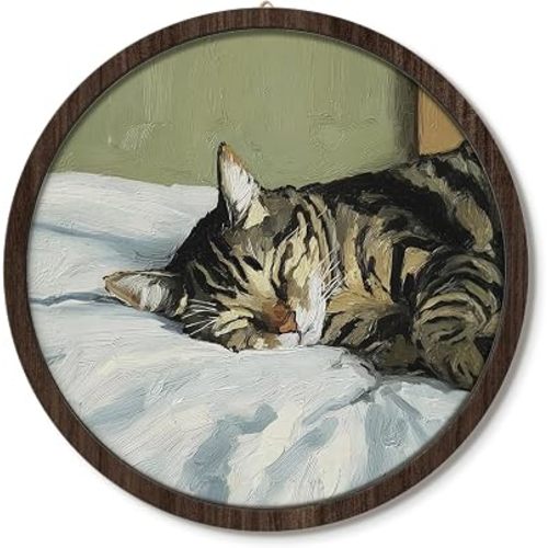 ELMCH Funny Sleeping Tabby Cat Wall Art Decor, 10x10 Inch
