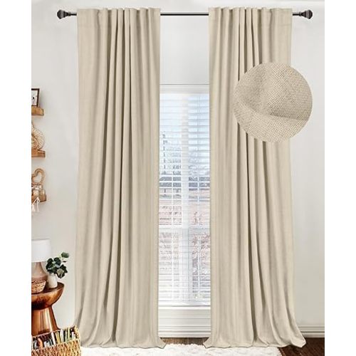 100% Blackout Shield Linen Blackout Curtains for Bedroom 63 Inches Long, Back Tab/Rod Pocket Living Room Drapes, Thermal Insulated Blackout Curtains 2 Panels Set, 50" W x 63" L, NaturalFlax