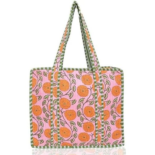100% Cotton Quilted Tote Bag For Women 18x16– Large Zipper Reusable Beach Bag & Travel Bag Purse