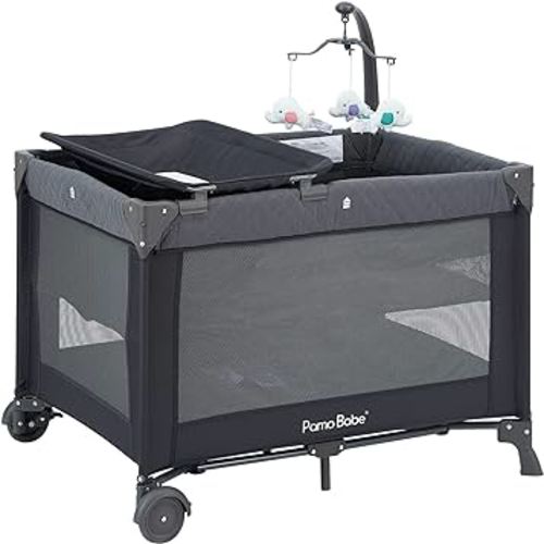 Pamo Babe Portable Crib for Baby, Portable Baby Playpen with Bassinet and Changing Table Grey