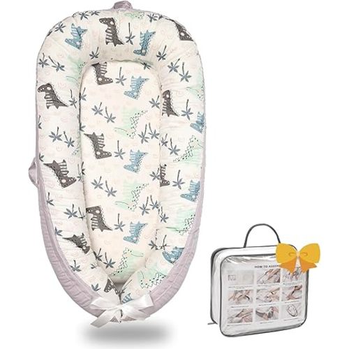 Baby Lounger-Breathable and Soft Organic 100% Cotton, Portable Infant Lounger with Removable Lounger Cover, Floor Lounger for Newborn - Dinosaur World
