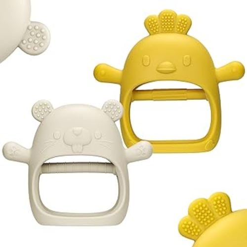 2 Packs Baby Teething Toys Silicone Teething Mittens for Infants 3 Months+, Never Drop & Easy to Hold Teethers, Helps Soothing Gums & Sucking Needs, Teething Relief (Beige)