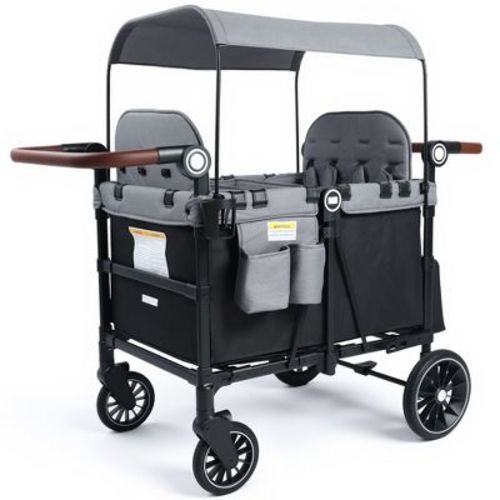 Kinder King All-Terrain Stroller Wagon for 4 Kids with Canopy, Shock-Absorbing Wheels, Snack Tray, Storage Bag & Adjustable Handle, Black & Gray