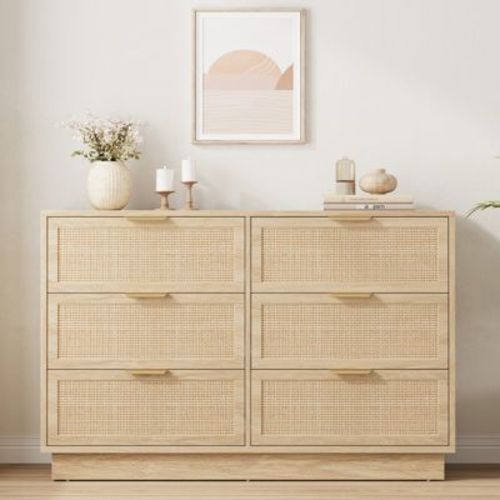Rattan 6 Drawer Dresser, 47in Wide Natural Oak 6 Chest of Drawers with Metal Handles and Wooden Sturdy Base for Bedroom Living Room Nursery
