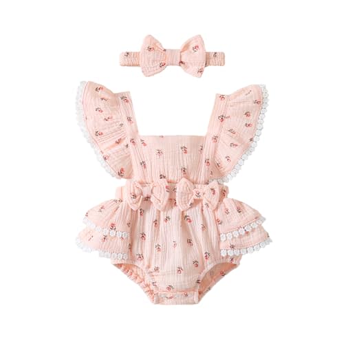 Baby Girl Summer Clothes Infant Girls Romper Dress | Ruffle Sleeve, Cotton Linen, Lace Trim, Jumpsuit, Bow Design, Snap Closure, Crisscross Back, Matching Headband