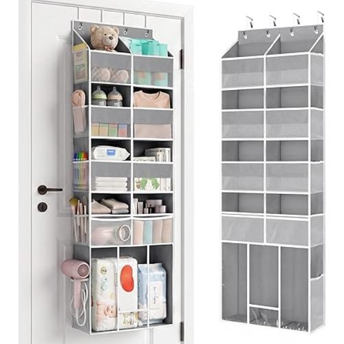 Yecaye Over the Door Organizer 5-Shelf, Behind the Door Storage 80lbs Capacity with Extra Large Pocket, Back of Door Organizer and Storage for Baby Nursery Bedroom Dorm Bathroom RV, Grey