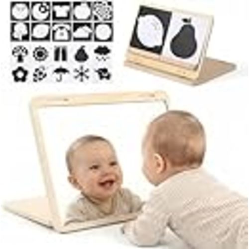 Tummy Time Mirror Toys, Baby Mirror Tummy Time Play Set for 0-6 Months | Large Baby-Safe Mirror, Adjustable Infant Mirror Toy with Black and White High Contrast Cards for Newborn Visual Stimulation