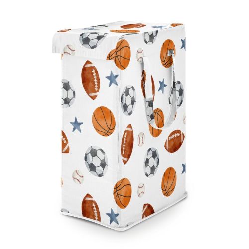 Sweet Jojo Designs Boy Foldable Laundry Hamper with Handles Watercolor Sports Theme Blue Brown and Orange