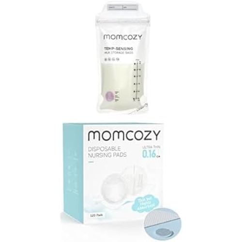 Momcozy Breastmilk Storing Bags, Temp-Sensing Discoloration Milk Storing Bags for Breastfeeding 120 Count & Momcozy Ultra-Thin Disposable Nursing Pads 120 PCS