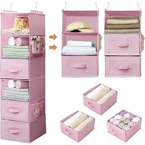 GRANNY SAYS Hanging Closet Organizer 6-Shelf, Separable to 2 Pack 3-Shelf Closet Storage Organizer with 4 Side Pockets, 3 Different Drawers, Portable Hanging Shelves for Baby Clothes, Sweater, Pink