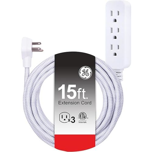 GE 3-Outlet Power Strip Surge Protector 15 Ft Braided Extension Cord with Multiple Outlets Grounded Flat Plug UL Listed White 40530