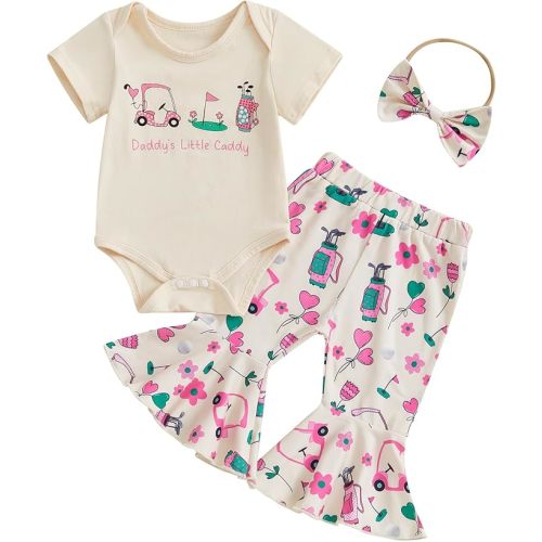Newborn Baby Girl Golf Outfit Daddy's Little Caddy Onesie Romper Golf Cart Flare Pants Set 3Pcs Summer Clothes