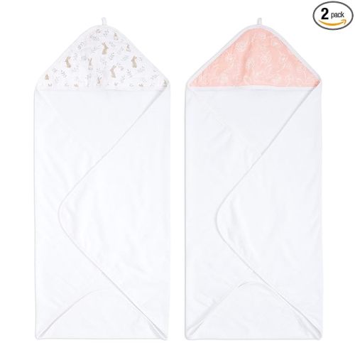 aden + anais Essentials Hooded Baby Bath Towel, Super Soft 100% Cotton, 2 Pack, Blushing Bunnies